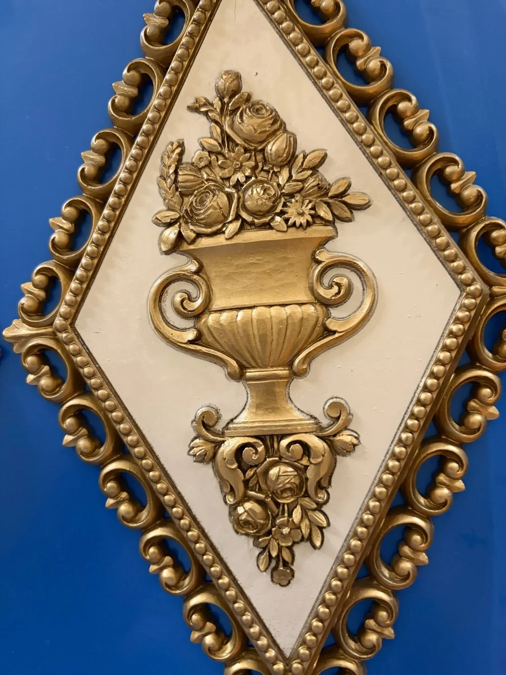 Vintage MCM Homco Gold and Cream Ornamental Diamond Wall Plaques - Set of Two